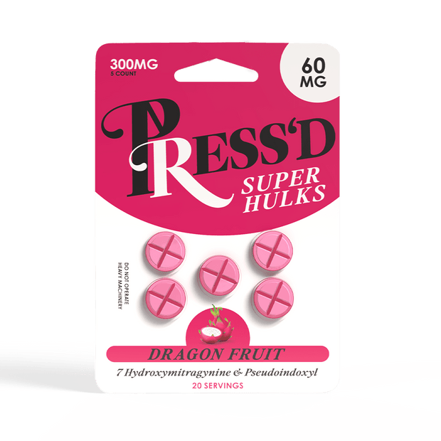 Press'd Super Hulks 60mg Tablets - 5 Pack 300mg - Dragonfruit - Kratom Hood