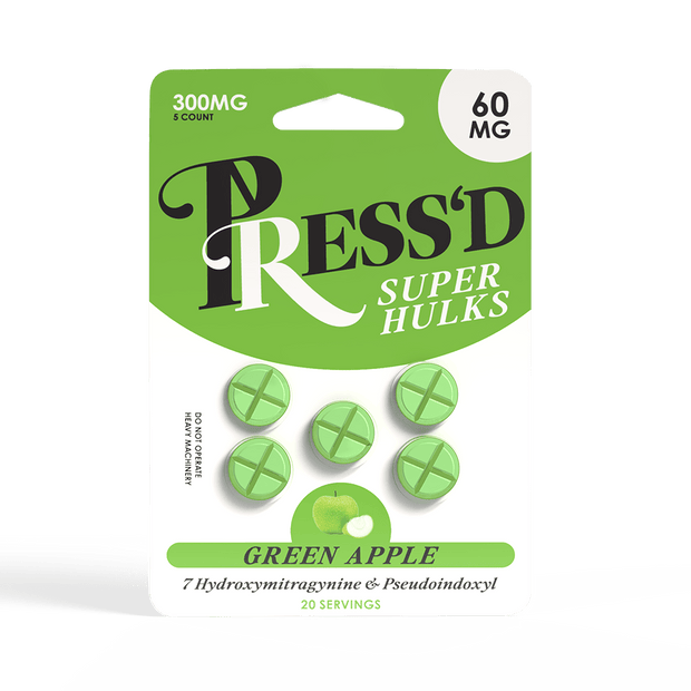 Press'd Super Hulks 60mg Tablets - 5 Pack 300mg - Green Apple - Kratom Hood